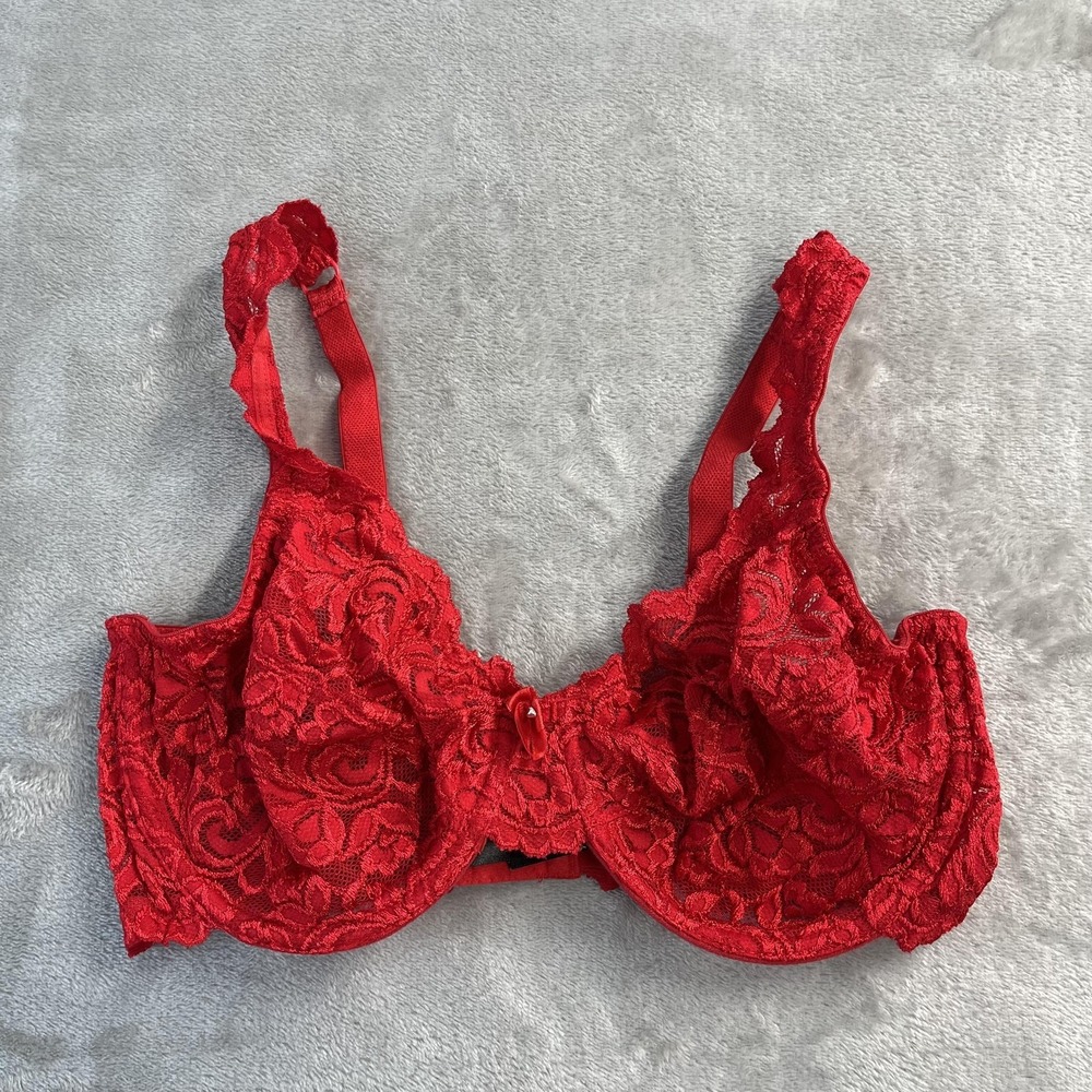 Smart & Sexy Bra Womens 36D Red Lace Balconette Underwire Unlined Floral Bow Y2K